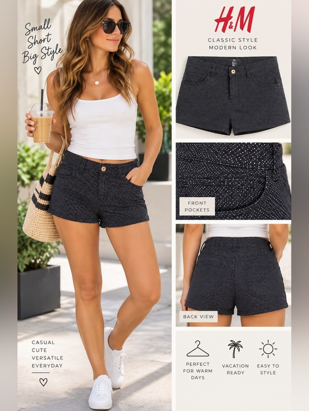 H&M Black Polka Dot Stretch Denim Shorts Size 8